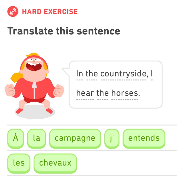 Screenshot of Duolingo French lesson. It's asking to translate the English sentence, In the countryside, I hear the horses, to French. I successfully translated it to Á la campagne j'entends les chevaux.