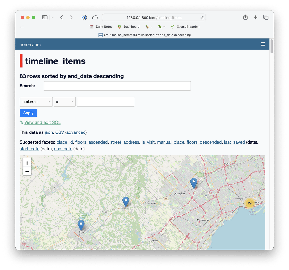 Screenshot of Datasette showing the timeline_items table in a SQLite database. There is a map at the bottom that is showing the locations I traveled in the last few days.