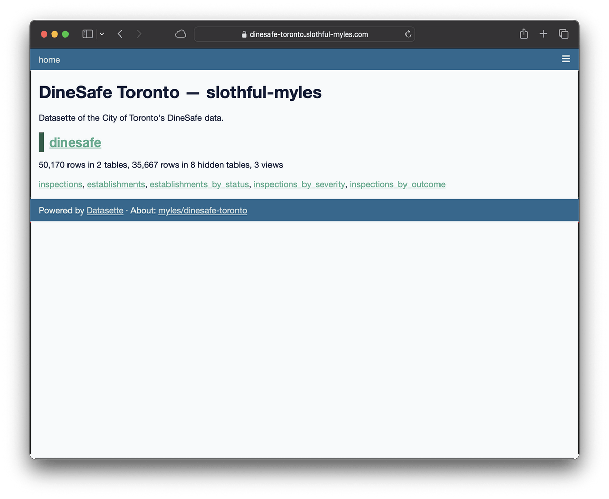 Screenshot of the Datasette for DineSafe Toronto — slothful-myles