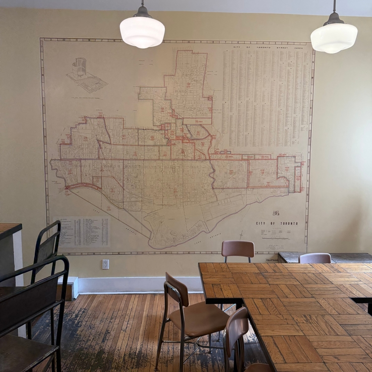 A map on the wall of a coffeeshop of the City of Toronto.
