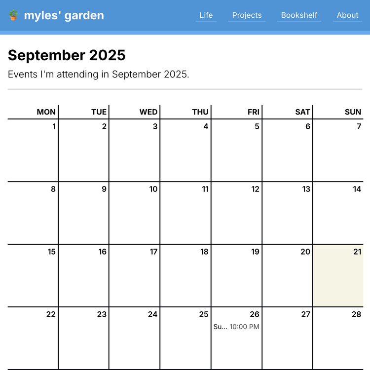 Screenshot of the September 2025 calendar interface on myles.garden, showing one event on Sunday the 21st.