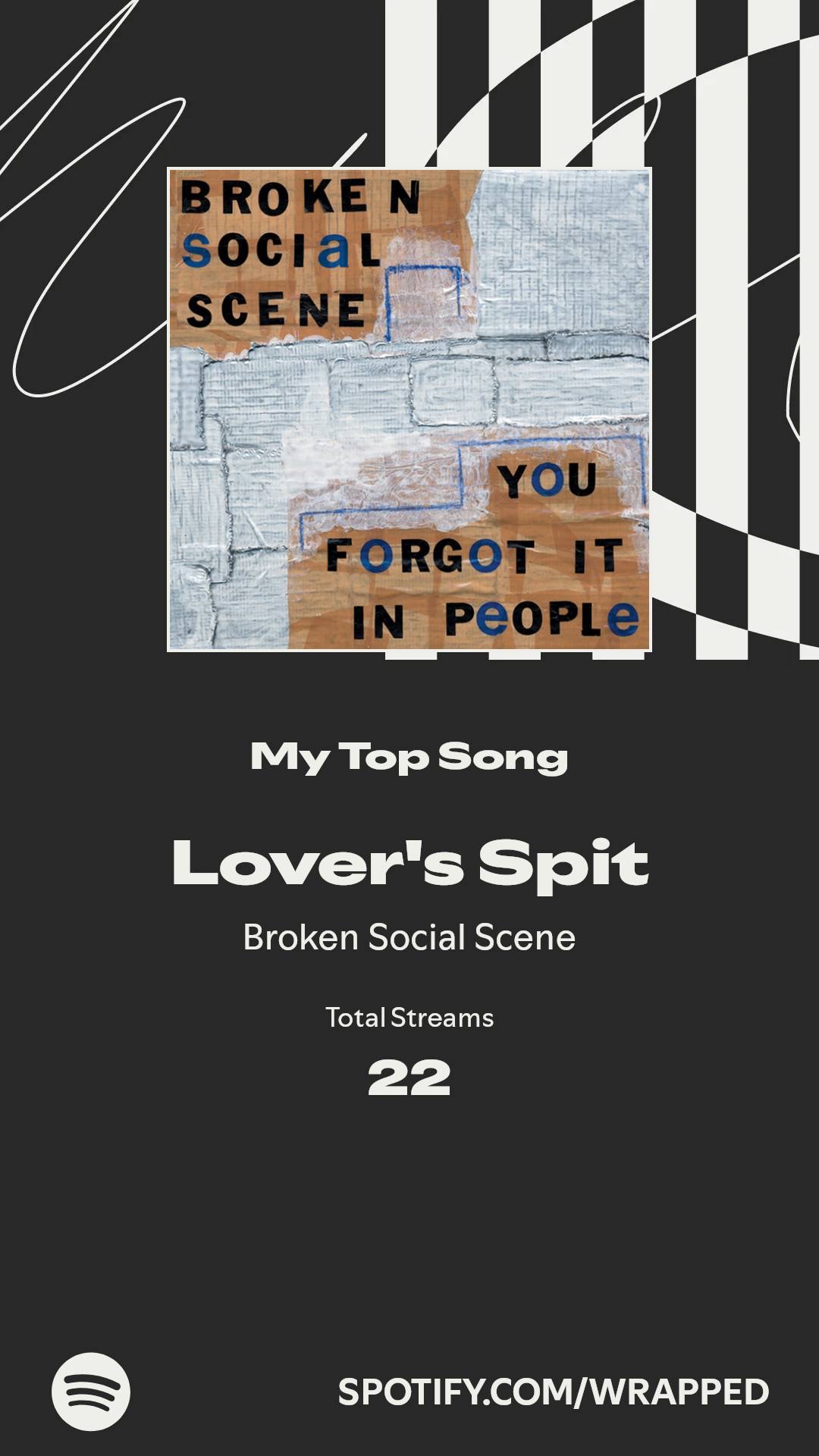 Spotify Wrapped card showing my top song, ‘Lover’s Spit’ by Broken Social Scene, with 22 streams.