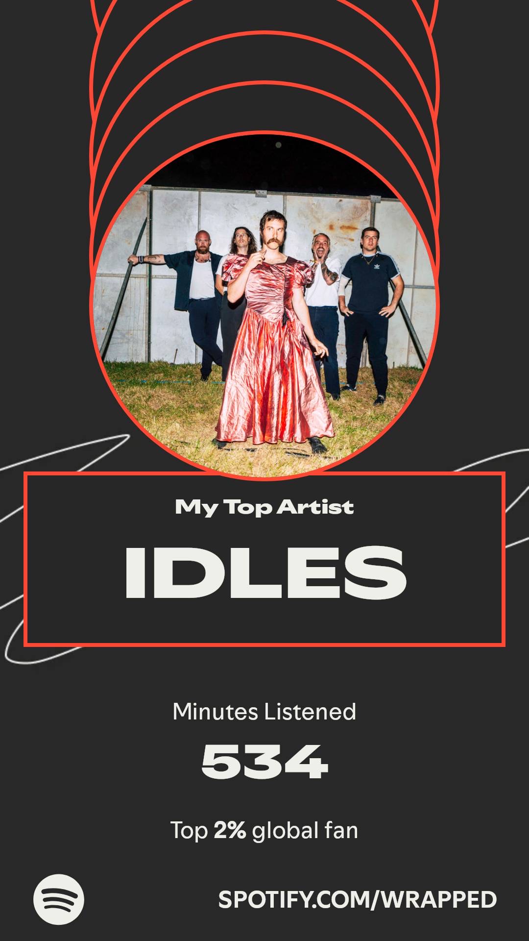 Spotify Wrapped card showing my top artist, IDLES, with 534 minutes listened and a Top 2% global fan badge.