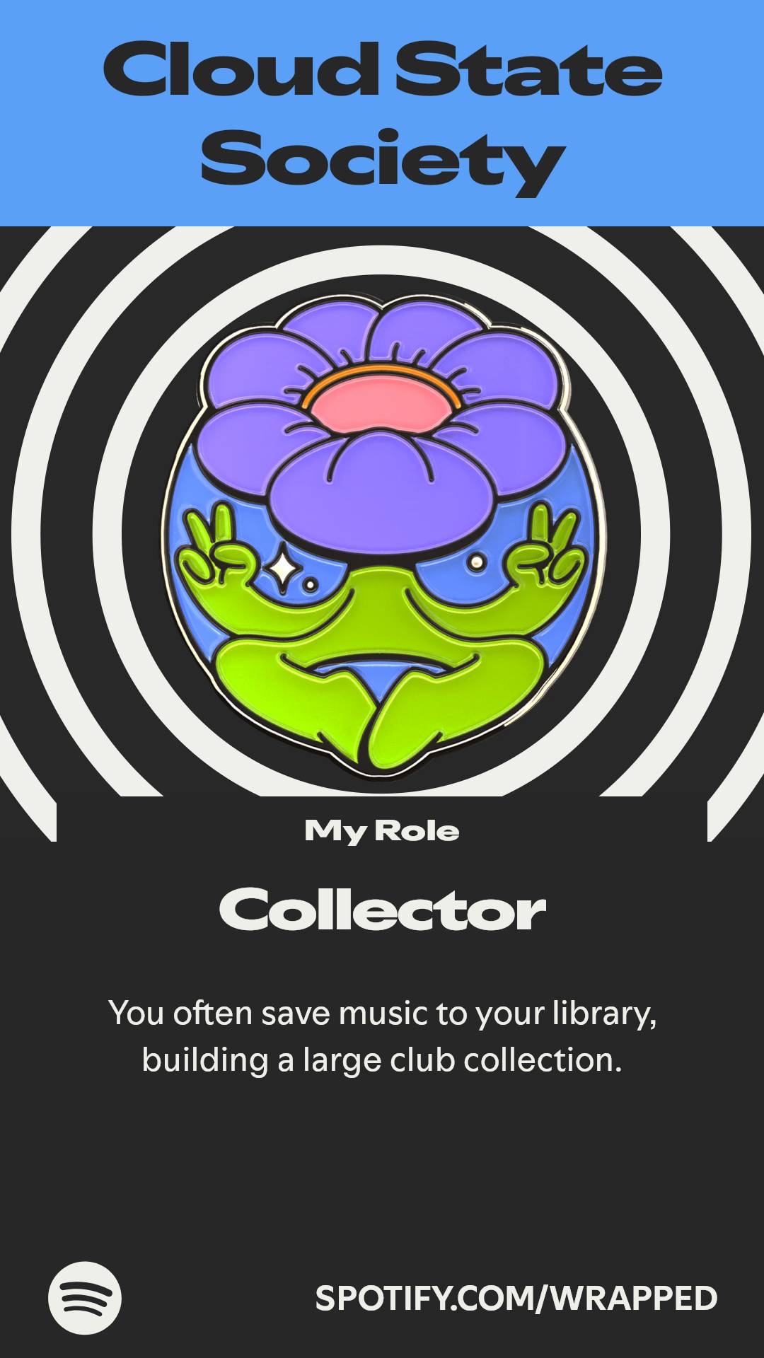 Spotify Wrapped card showing my listening role, ‘Collector,’ with an illustration of a meditating flower character.
