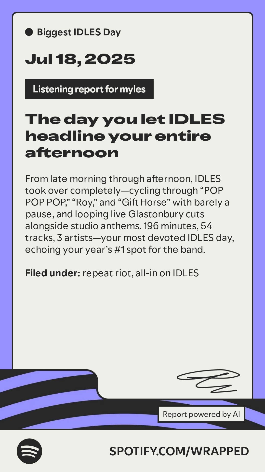 Spotify Wrapped card for July 18, 2025, labeled Biggest IDLES Day. Describes a day dominated by IDLES songs like ‘POP POP POP,’ ‘Roy,’ and ‘Gift Horse,’ including live Glastonbury recordings. Shows 196 minutes, 54 tracks, and 3 artists.