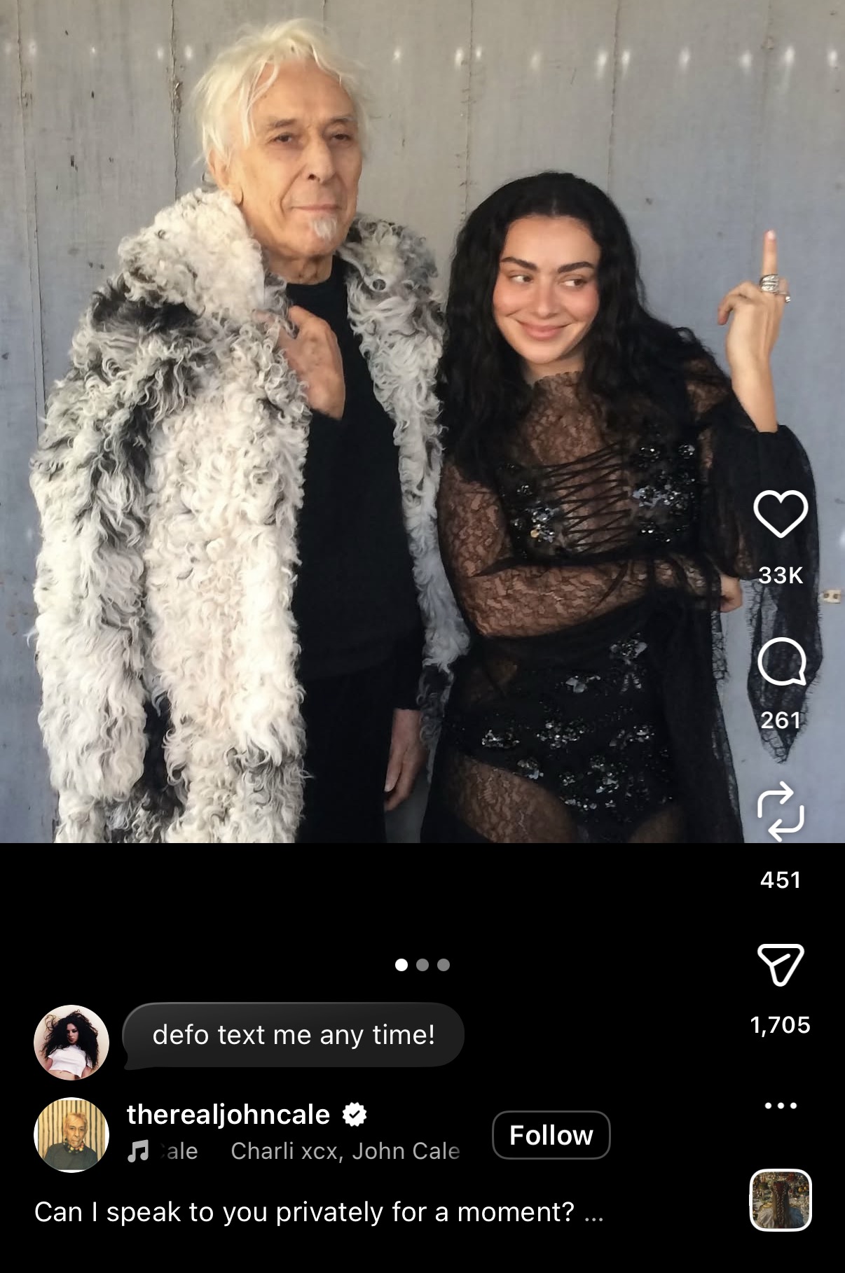 Screenshot of John Cale’s Instagram: photo of John Cale with Charli XCX. Caption: ‘Can I speak to you privately for a moment?’ Charli replies: ‘defo text me any time!’
