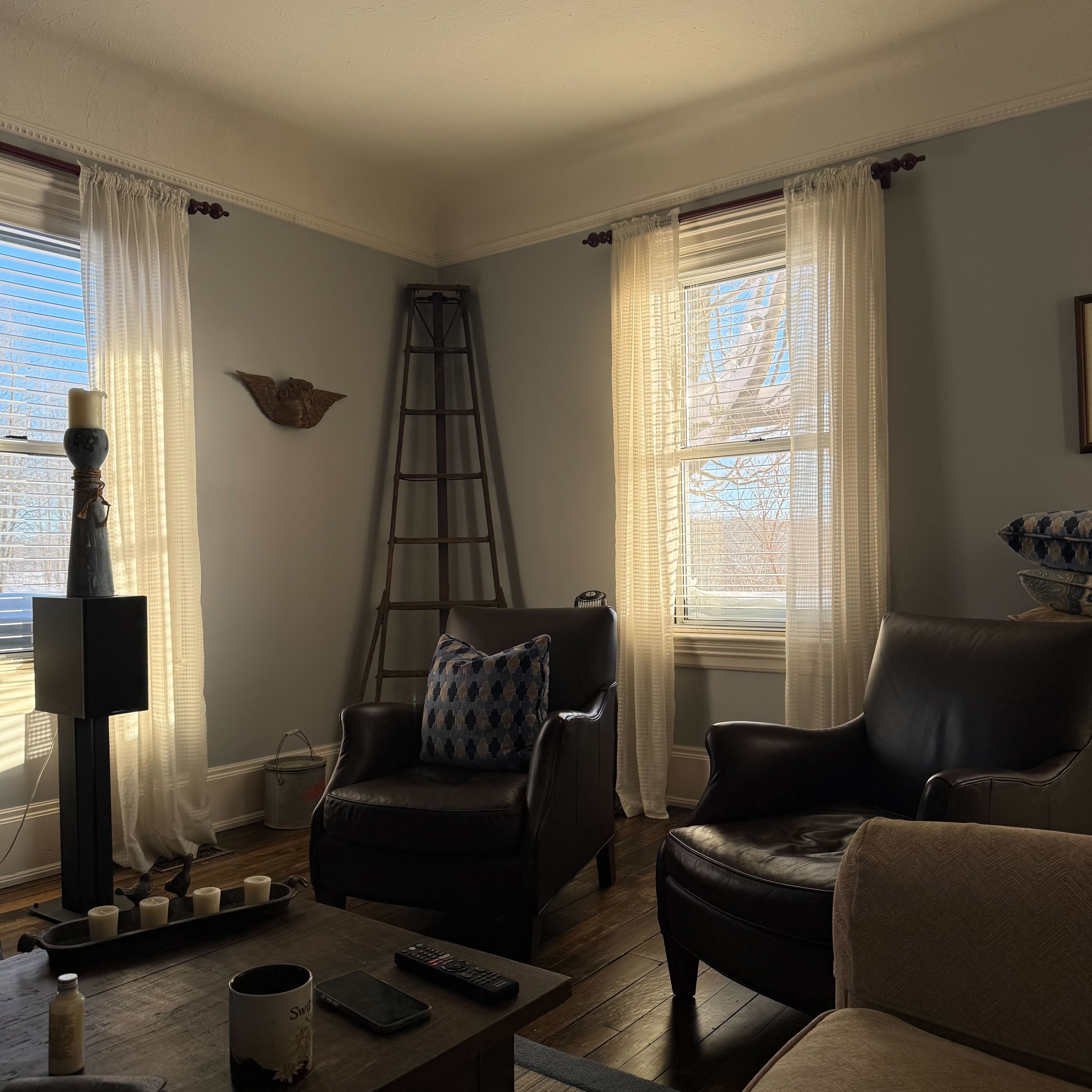 A cozy living room with leather armchairs, sheer curtains, wooden floors, and warm sunlight streaming through windows on a winter day.