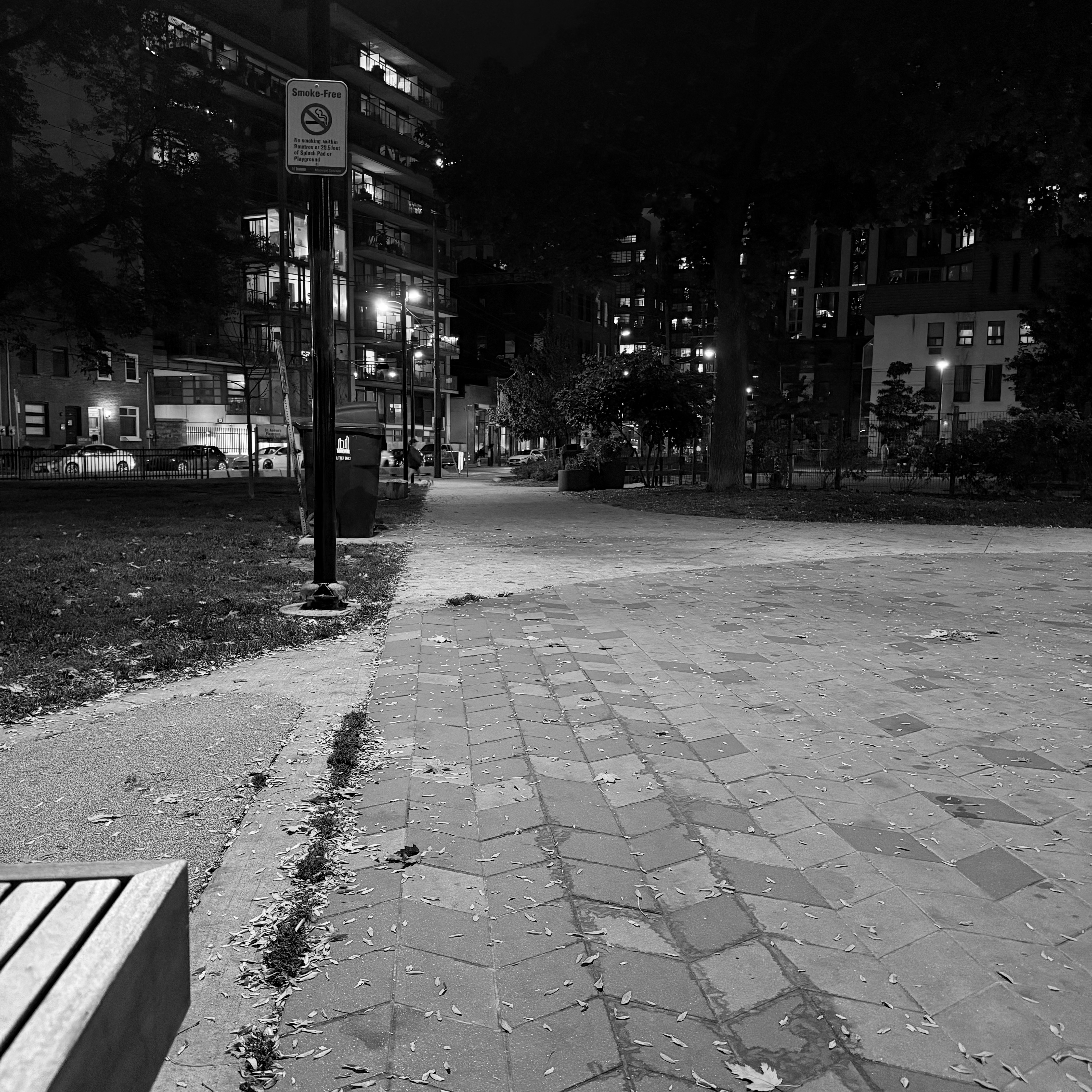 A quiet city park at night, captured in black and white. A brick path winds through the scene, scattered with fallen leaves, while modern apartment buildings glow in the background. Streetlights cast soft pools of light, and a signpost marks the park as smoke-free. The scene feels still and contemplative.