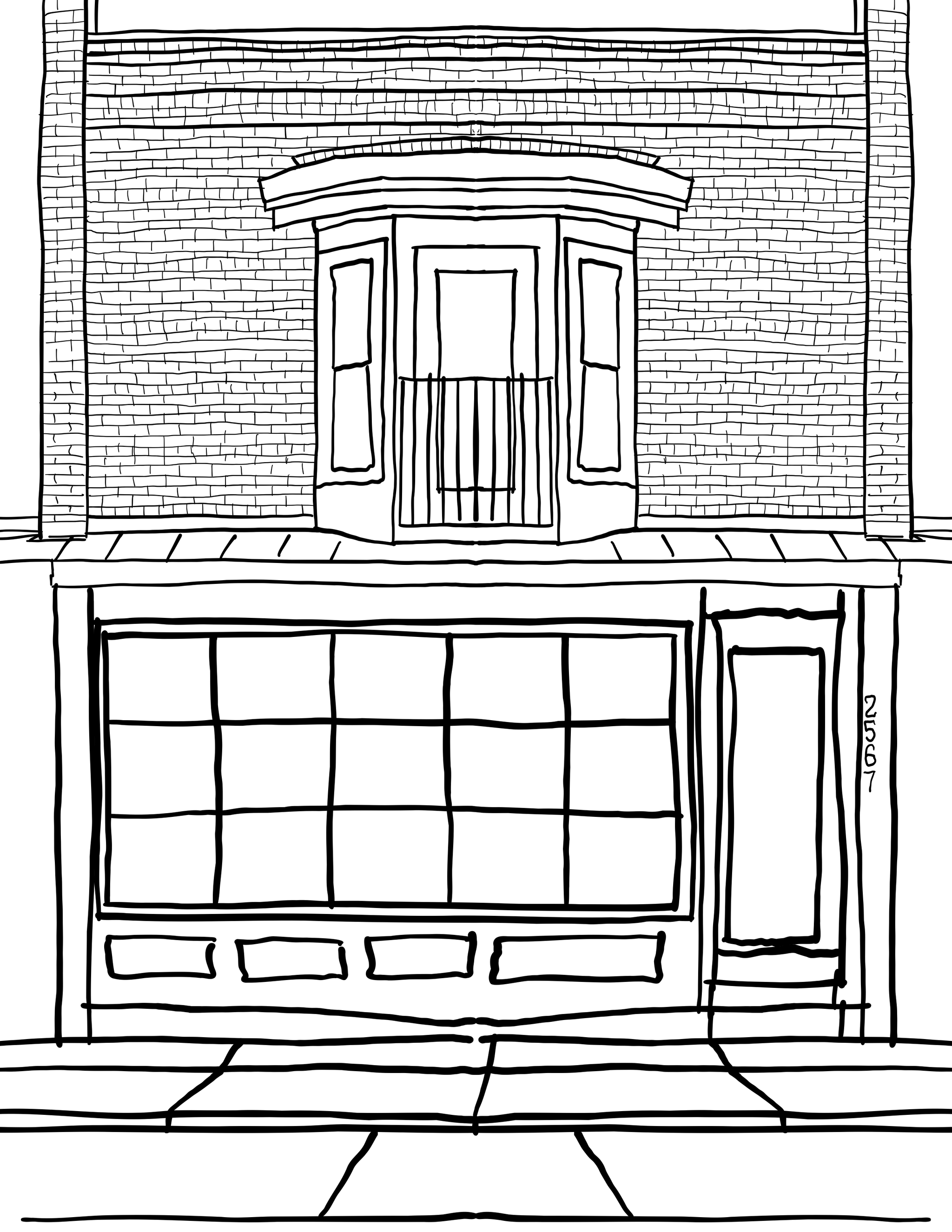 Line drawing of the street view of 1RG. Brick upper floor, bay window, large grid windows, and a side door marked 2557.