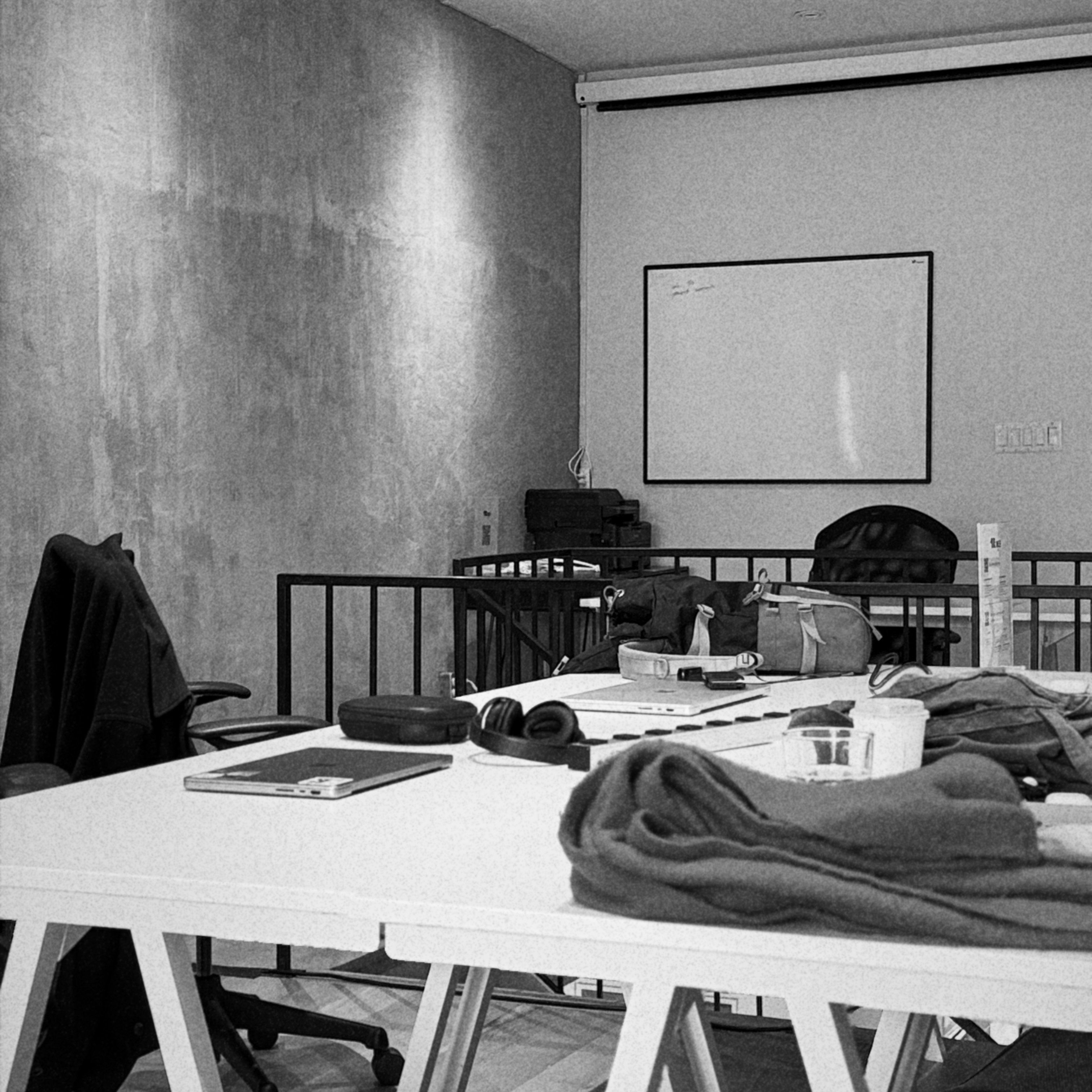 Black and white photo of the upstairs of 1RG.